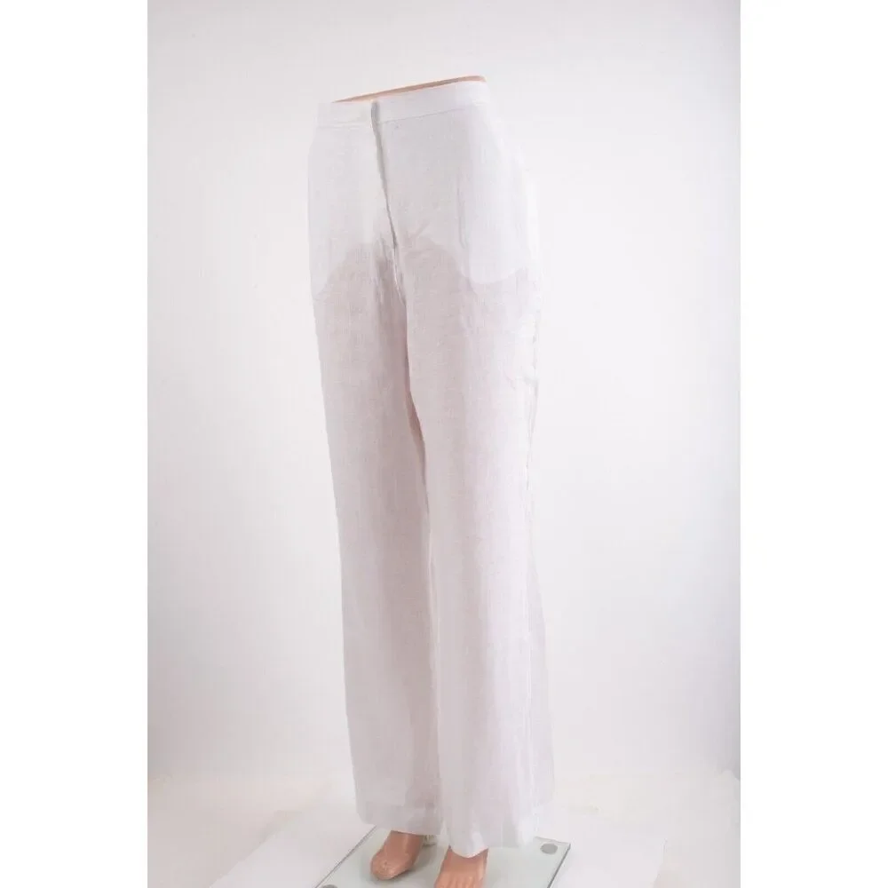 Zara Womens Linen Pants Trousers L White Wide Leg semi sheer 8292/707 NWT
